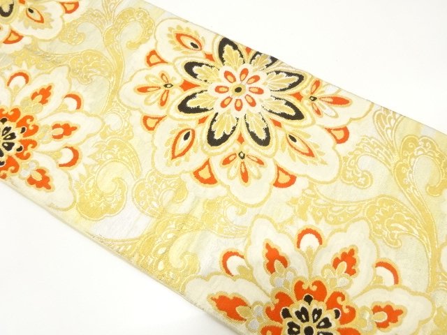 JAPANESE KIMONO / ANTIQUE FUKURO OBI / SILK / WOVEN FLORAL CREST ARABESQUE